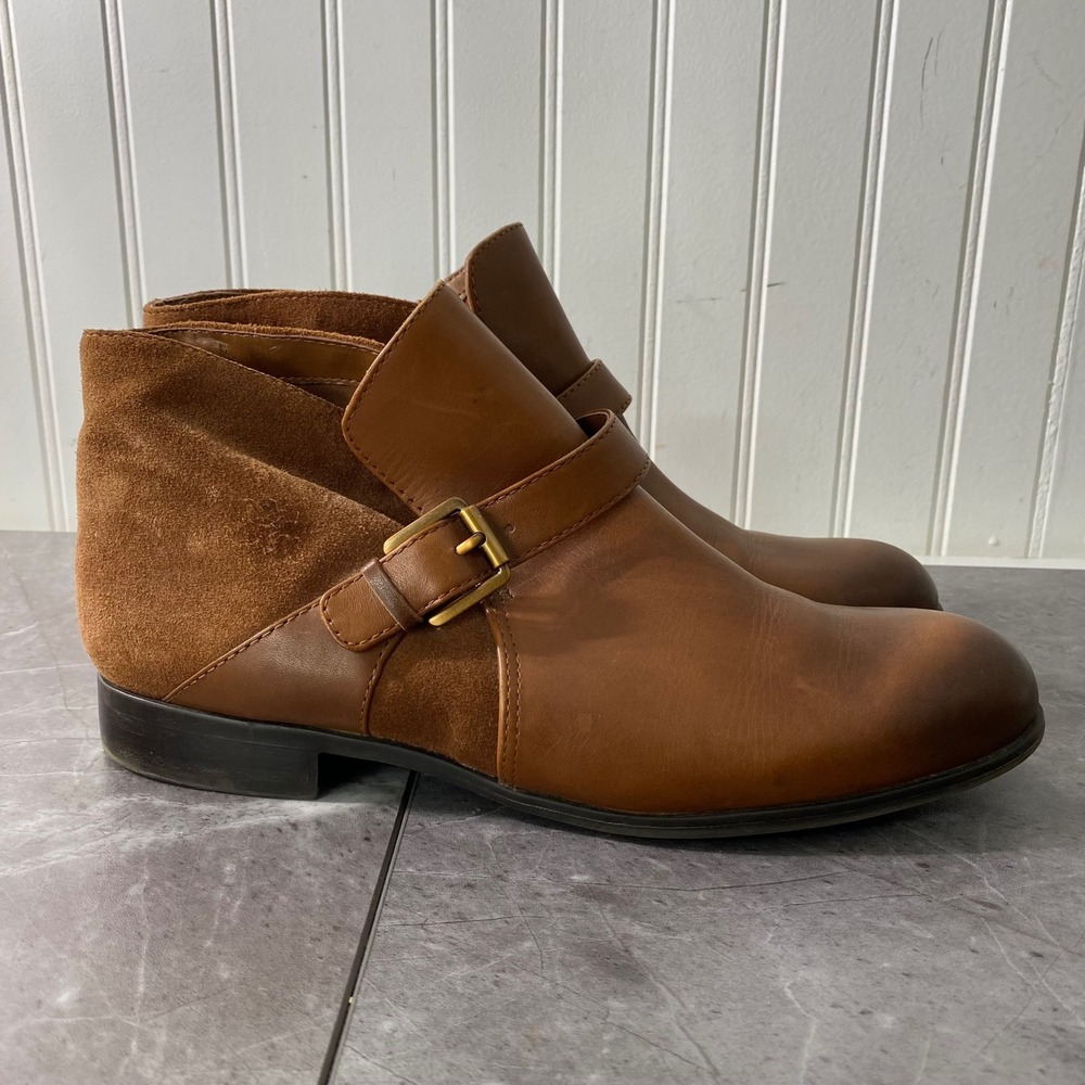 Franco Sarto Merit Cognac Brown Leather Suede Buckle Ankle Boots Womens 10M